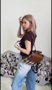 Disney Mickey Classic Luxury Check Backpack Camel Leather Style Three Pockets PU Leather Suitable for Adult Women for Daily Use