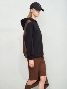 AMII | Colorblock and Mixed Material Winter Hooded Embroidered Pockets Fluffy Lined Womens Casual Jacket