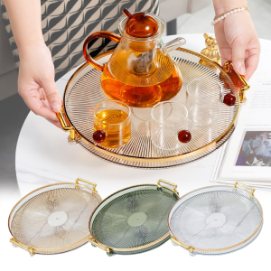 Dining Table Top Tea Tray Round Serving Tray Gold Lining Striped Circular Tray With Handle Multi-Purpose Storage Tray for Home Decoration