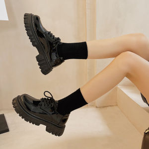 IELGY Giày Buộc Dây Da Bóng Dày Màu Đen Cho Nữ