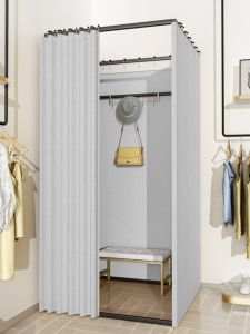 Simple Assembly Clothing Store Display Rack with Dressing Room Door Curtain Free Standing Metal Clothing Stand for Business Office Furniture