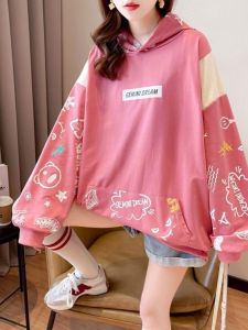 Cotton Blend Hoodie Womens Loose Fit Cartoon Print Casual Top plus Size Conceal Body Meat Covering Spring Autumn New Arrival