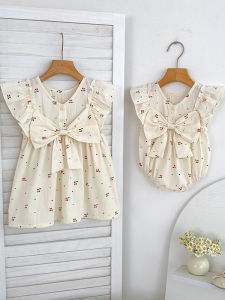 Summer Cherry Print Dress Girls Skirt Baby Cotton Romper with Big Bow Princess Style Clothing for Toddler Girls Soft Korean Style