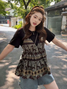 plus Size Slimming Print Short Sleeve T-Shirt Womens Summer French Vintage Patchwork Top Korean Style Loose Fit Sweat Wicking