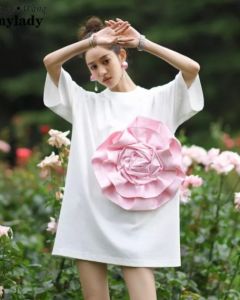 Designer Style New Spring Summer Fashion Streetwear 3D Big Floral T-Shirt Dress Women Long Tee Dresses