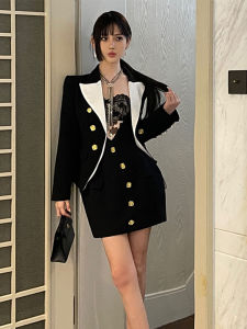 ChiclyNana Rose Button Design Suit Jacket And Mini Skirt Two-Piece Set for Women Color Block Long Sleeve Fashionable Ensemble