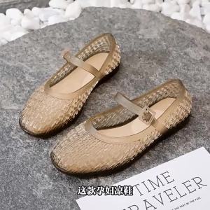 《411》2025 European and American New Style One-Strap Ballet Shoes for Women Fashion Hollow Mary Jane Jelly Sandals Mesh Shoes Trendy