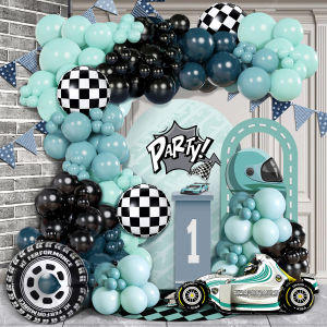 102pcs Blue and Black Racing Theme Party Balloon Garland Set with Racing Shape Balloons and Tire Black and White Foil Ball