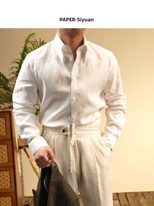 100% Linen Italian Elegant Lightweight Long Point Collar Mens Shirt Spring/Summer