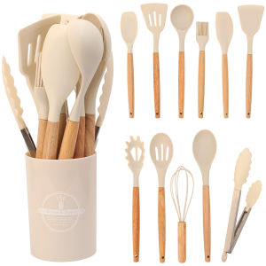 YESPERY 12Pcs Silicone Kitchen Utensils Cooking Wooden Handle Non Stick Pot Kitchenware Set Storage Bucket Silicone Baking Tools
