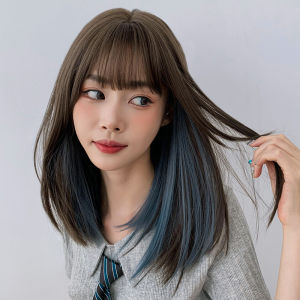 Hair Extension Human Hair Washable Black Long Straight Wig Blue Bangs Dyed Wig Synthetic Heat Resistant Full Wig Natural Realistic Wig for Women