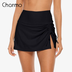 Charmo Women's High Waisted Split Swim Skirt Sporty Drawstring Skirted Swim Bottom with Built-in Swimming Panty Swimwear