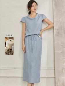 Roey s house | Elegant Blue Linen Summer Set for Women Bubble Sleeve Top High Waist Straight Skirt