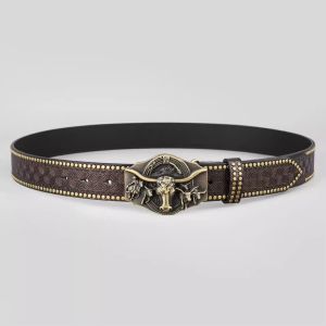 Western Cowboy Belt for Men Vintage Bull Head Buckle Embossed Rivet Belt For Jeans American Retro Riding Outfit