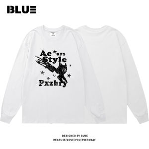 Heavyweight Pure Cotton Long Sleeve T-Shirt Mens Casual Loose Fit round Neck Printed Comfortable Breathable Autumn Streetwear
