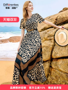 Elegant Summer New Vintage Leopard Print Dress Waist Cinching V-Neck Long Dress Polyester Short Sleeve Midi Dress for Women