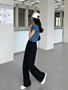 Black Slim Wide Leg Pants Women Summer Thin High Waist Drape Loose Casual Suit Pants Floor-Length Straight Leg Long Pants