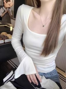 Early Autumn Square Collar Flared Sleeve Base Shirt Womens Design Short Sleeve Long Shirt White T-shirt Inner Wear Top