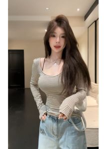YUEZHONGWEI | Contrast Stripe Long Sleeve T-Shirt Stylish and Fitted Design Backless Spring New