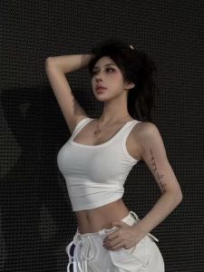 Designer Model Casual Vest Square Collar Wide Shoulder Strap Chest-Flattering Short Top Base Inner Stretch Cotton Female White in Stock