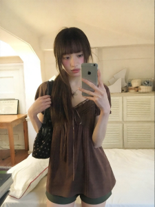NIHAOKANONG | Áo Thun Mùa Hè Thời Trang Cổ Vuông Thêu Puff Tay Vintage