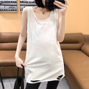 เสื้อกล้ามสายเดี่ยวผ้าฝ้ายไม้ไผ่ตัวในสำหรับผู้หญิงเสื้อยืดแขนกุดใส่ด้านในทรงหลวม ulzzang ซักด้วยน้ำสไตล์เกาหลีความยาวปานกลาง