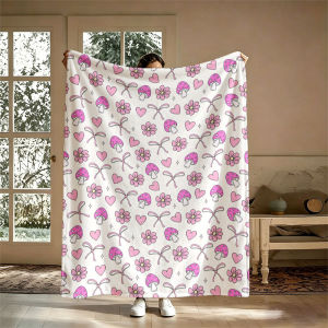 BILIBILI | Pink Mushroom Bow Flannel Blanket Perfect for Sofa Office Bed Travel Sleep Read Relax Camping Four Season Use