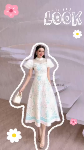 TW21825 Maxi เดรสแขนระบายพิมพ์ลาย  น่ารัก ใส่แล้วดูแพง ดีเทลเก๋