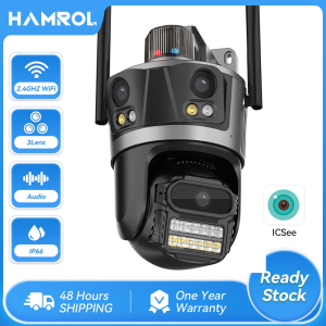 Hamrol 12MP Three Lens Three Screen PTZ WIFI Camera Outdoor Waterproof Network Remote Viewing CCTV ICsee