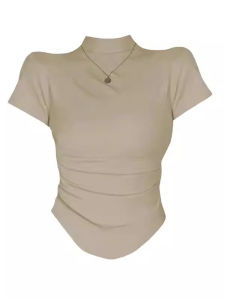 Slim Fit Short Sleeve T-Shirt Womens Cotton Blend High Neck Casual Wear Commute Style Pure Color Summer Top Gathered Waist