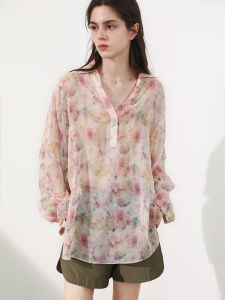 Miccbeirn | 100% Silk Long Sleeve Shirt Vintage Print V-Neck Casual Top Summer Vacation Countryside Style Loose Fit Commute Fashion