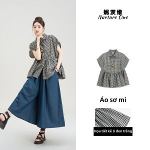 Nurture One | Bộ Quần Jeans Culotte Và Áo Sơ Mi Tay Ngắn Hình Lưới Retro