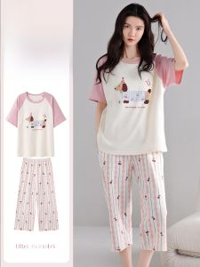 miiow | Pure Cotton Summer Sleepwear Womens Loose Short Sleeve Round Neck Home Clothes Set With Chest Pad Cute Sweet Style Cat Person