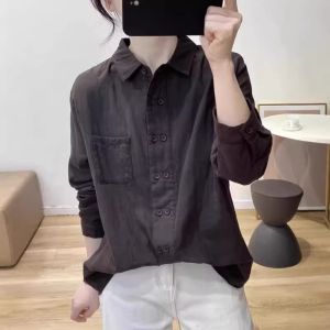 Womens Pure Cotton Long Sleeve Polo Neck Shirt Double Button Loose Design Spring Autumn Base Layer Shirt Commute Style