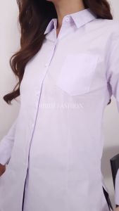 Kemeja Dibihi Putih Polos Kerja Formal Wanita Lengan Panjang Saku 1 Bahan Katun Stretch