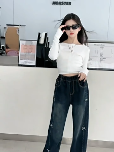 กางเกงขายาวเด็กผู้หญิง กางเกงยีนเด็กญ เวอร์ชั่นเกาหลี การออกแบบโบว์ แฟชั่น อเนกประสงค์【จัดส่งจากประเทศไทย】