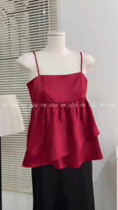 Vải Tafta ánh nhũ kèm lót mịn Áo babydoll 2 dây sợi bún điều chỉnh vạt chéo khoá kéo lưng màu đỏ tôn da gợi cảm sang xịn JAMI TOP