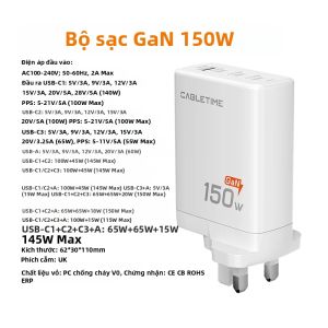 Sạc USB C GaN 150W CABLETIME Dành Cho MacBook Pro iPhone 17 16 15 iPad Sạc Nhanh PD3.1 Loại C Dành Cho Laptop Và Điện Thoại