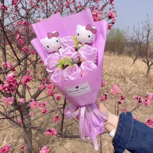 Sanrio | Hello Kitty With Artificial Roses Flowers Creative Handmade Bouquet New Year Birthday Valentine Christmas Graduation Gift