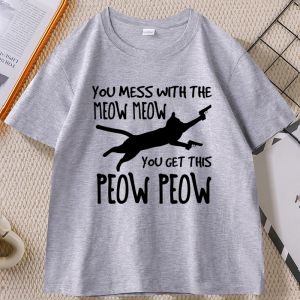 Sanrio | You Mess with The Meow Funny Cat T-shirt Men Women Summer Trendy Printed Short Sleeve Round Neck T Shirt Male Clothing Tops