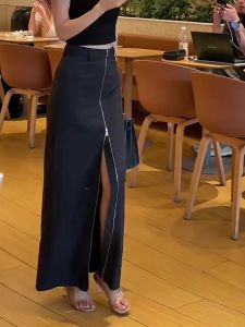 Black Zipper Asymmetrical Mid-Length Skirt Fashionable Thin Summer A-Line Skirt High Waist Commute Style Korean Version