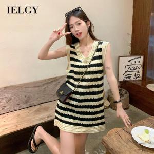 IELGY Xiaoxiang wind striped vest womens summer outer wear loose hollow knitted dress