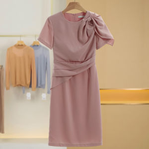 Summer Workplace Short Sleeve Dresses Pure Color Round Neck