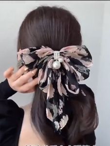 Kẹp tóc nơ tiểu thư đính trân châu bản to Kẹp tóc xinh xắn cho bạn gái Phụ kiện tóc nơ bản lớn Kẹp tóc nơ