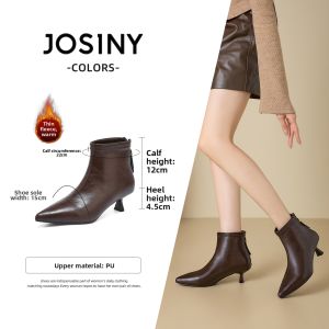 Josiny | Pointed Toe Winter Short Boots Fur Lined Slim Heeled