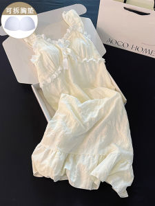 ชุดนอนผู้หญิงแขนกุดคอวีแขนกุดผ้าฝ้ายแท้ฤดูร้อนสีขาวเซ็กซี่ชุดนอนผู้หญิงไซส์เล็กหลวมๆ ชุดนอนในบ้าน