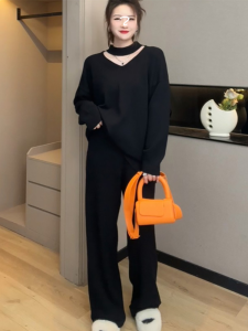 Plus Size Womens Clothing Fancy Base Knitwear Black Sweater Fall and Winter Plus Size Ladies High Waist Slim Looking Loose Pants Two-piece Set