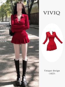 ชุดเดรสคอโปโลแขนยาวทรงเข้ารูปสำหรับผู้หญิง ชุดกระโปรงสั้นทรงเอ ชุดทำงานสไตล์เกาหลี ฤดูใบไม้ร่วง 2025 ชุดเดรสยาวปานกลาง