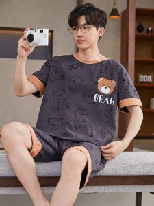 Áo Ngủ Nam Mùa Hè Cotton Nguyên Chất Tay Ngắn Mỏng Cho Học Sinh Trung Học Cơ Sở Quần Short in Họa Tiết Hoạt Hình Cỡ Lớn
