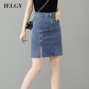 `IELGY กระโปรงเดนิมยางยืดเอวสูงของผู้หญิงที่เพรียวบางกระโปรงทรงเอแบบผ่ายกสะโพก`